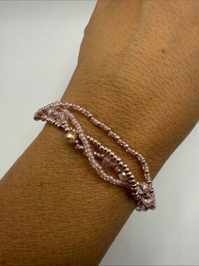 Vintage Native American Style Pink Seed Beaded Bangle Cuff Statement Bracelet